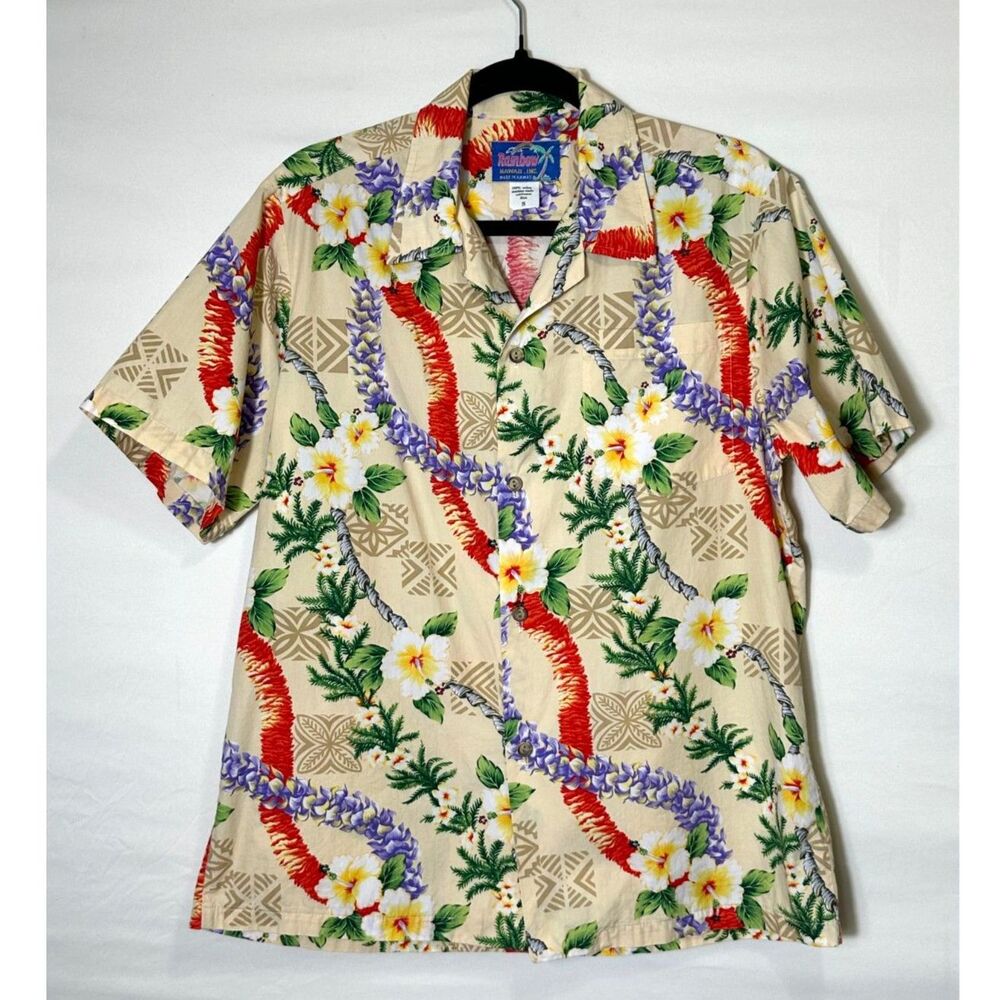 Rainbow Hawaii Vintage Men's Aloha Colorful Lei Print Button Down Shirt Size S